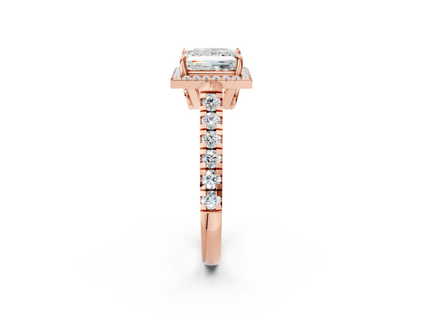Rose Gold Princess Cut Halo Engagement Ring Setting with Accented Shoulders and Bezel Gallery Accents
