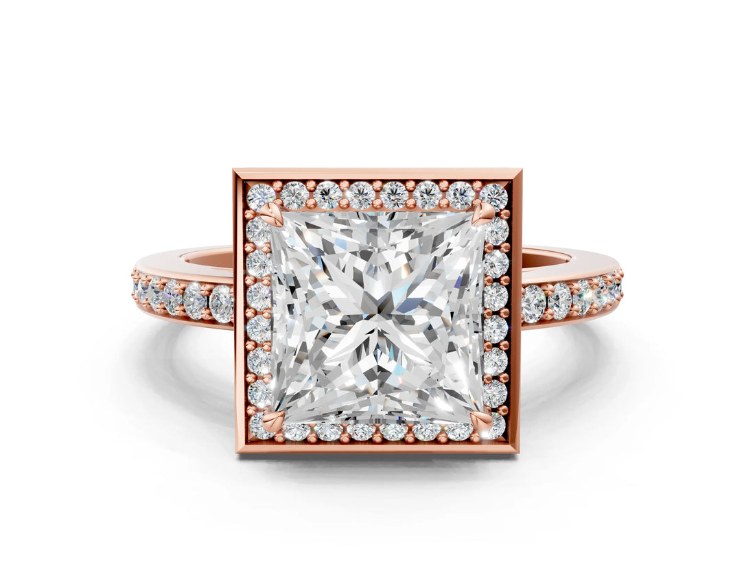 Rose gold Princess Halo Pave Band Solitaire Ring with Prong Setting_66