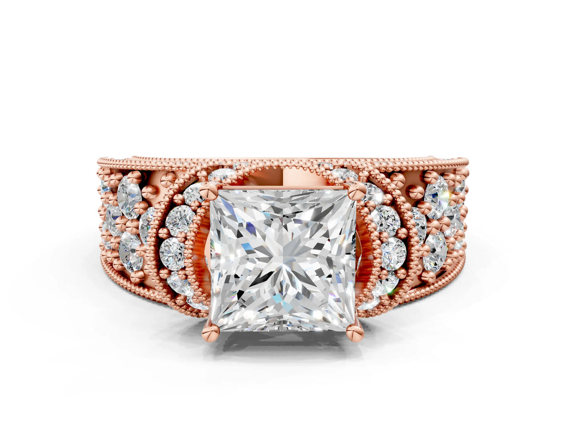 Rose gold Princess Halo Pave Diamond Engagement Ring with Milgrain Detailing_49