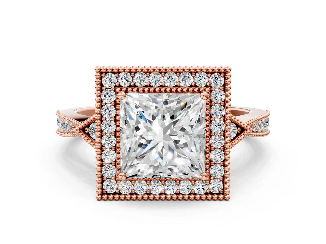 Rose gold Princess Halo Round Diamond Milgrain Pave Engagement Ring_9