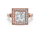 Rose gold Princess Halo Round Diamond Milgrain Pave Engagement Ring_9