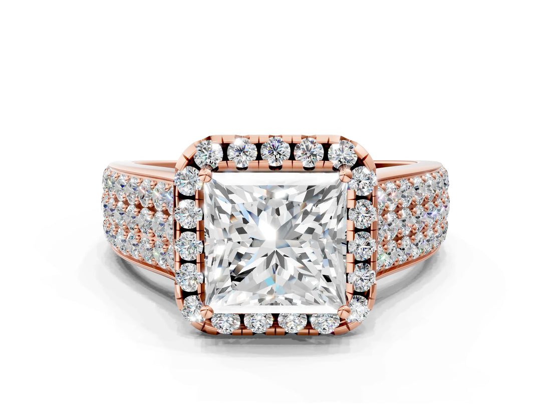 Rose gold Princess Halo Round Diamond Pave Band with Prong Setting