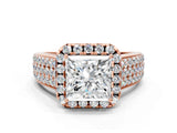 Rose gold Princess Halo Round Diamond Pave Band with Prong Setting