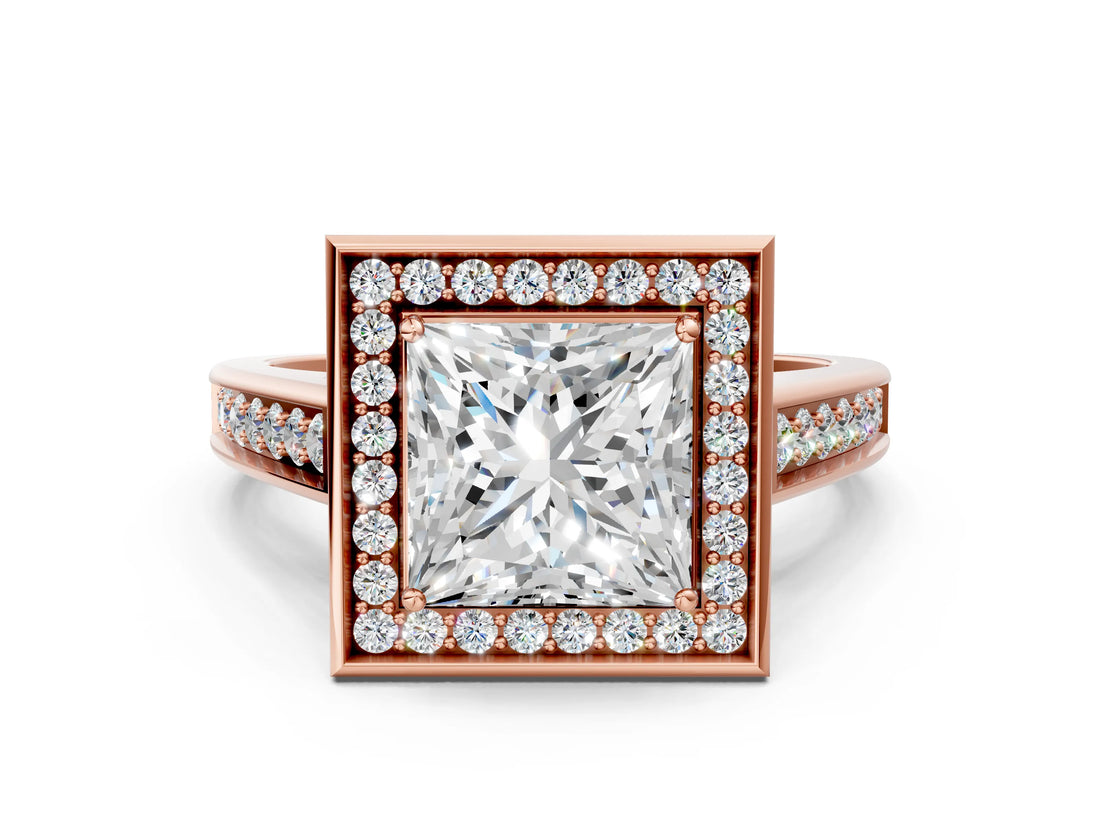 Rose gold Princess Halo Solitaire Diamond Ring with Pave Band and Bezel Setting_49