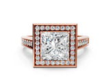 Rose gold Princess Halo Solitaire Diamond Ring with Pave Band and Bezel Setting_49