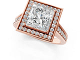 Rose gold Princess Halo Solitaire Diamond Ring with Pave Band and Bezel Setting_50