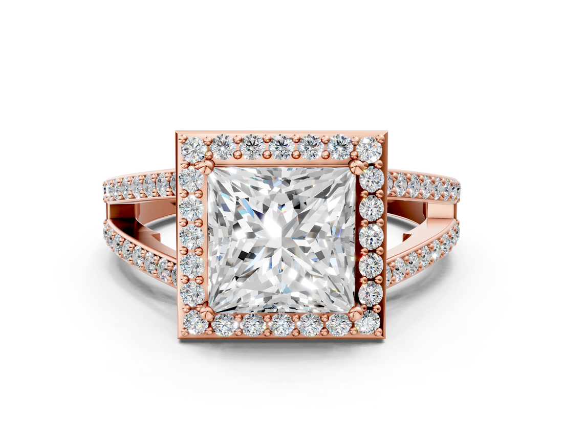 Rose gold Princess Halo Split Shank Diamond Ring with Four-Prong Setting_36