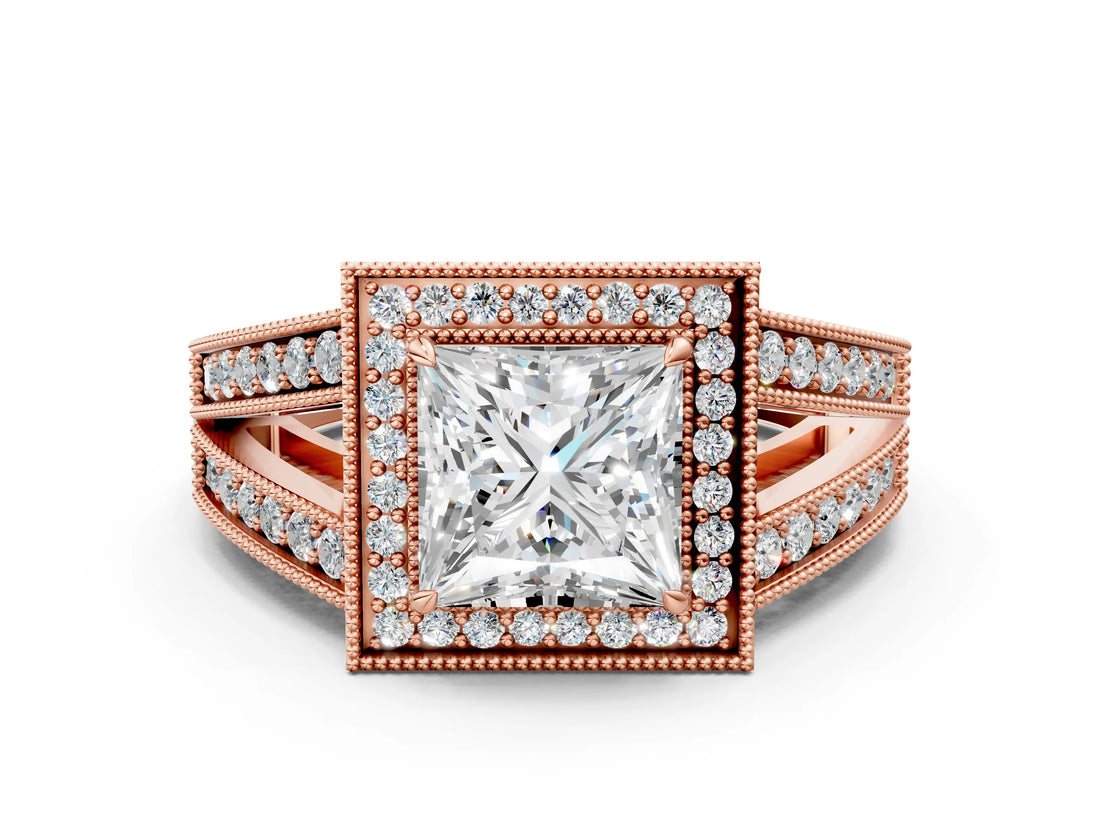 Rose gold Princess Halo Split Shank Diamond Ring with Milgrain Prong Setting_6