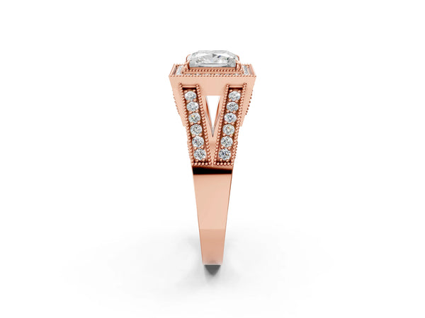 Rose Gold Princess Cut Vintage Milgrain Halo Engagement Ring Setting with Pave Split Shank