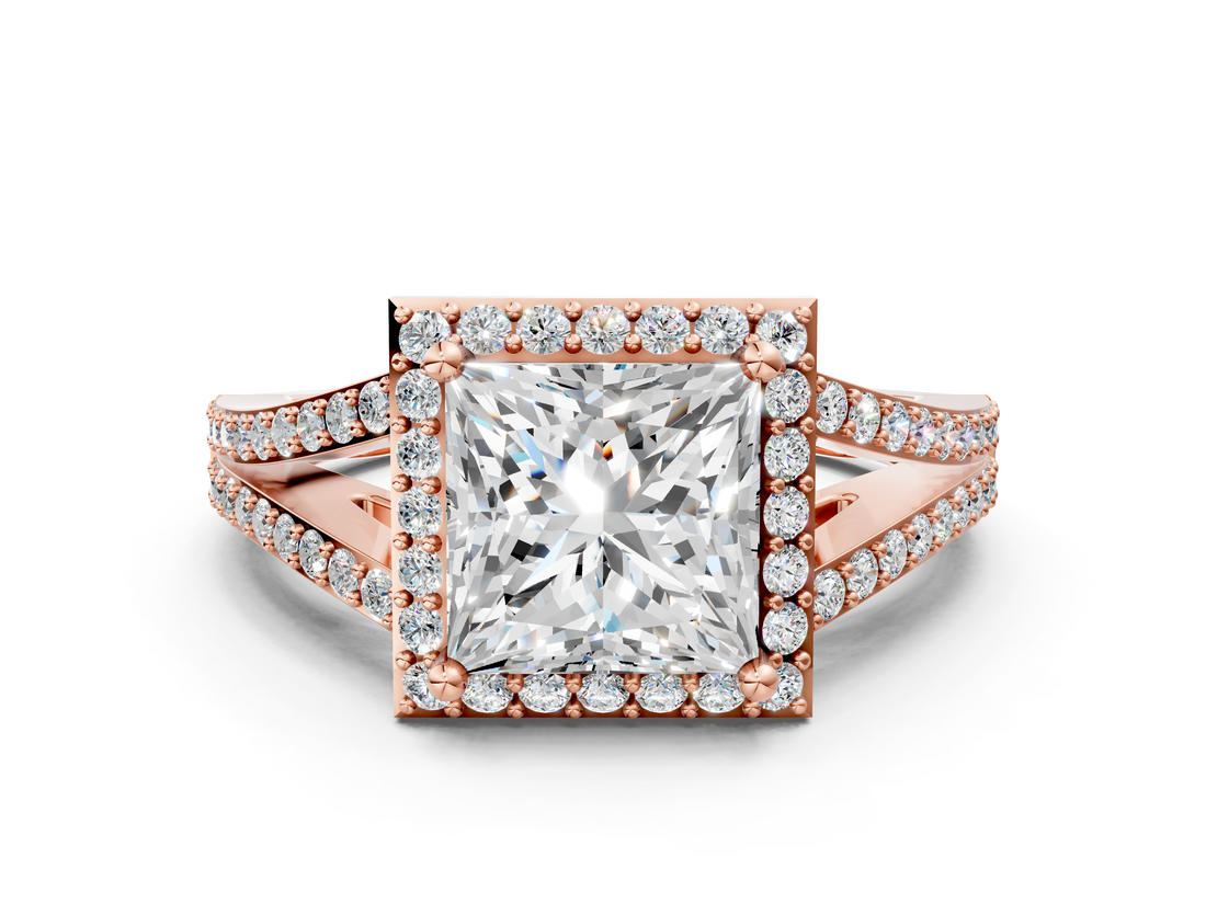 Rose gold Princess Halo Split Shank Diamond Ring with Prong Setting_20