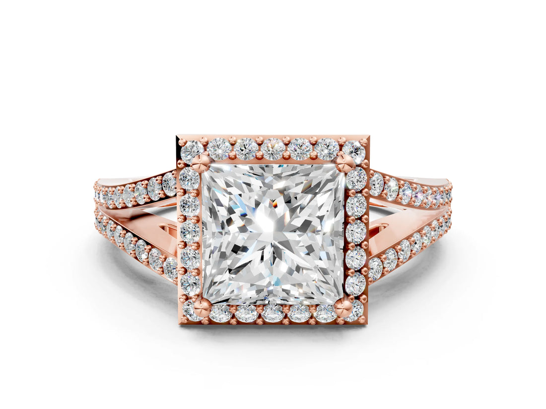 Rose gold Princess Halo Split Shank Pave Diamond Ring with Four-Prong Setting_49