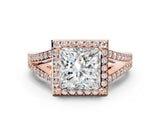 Rose gold Princess Halo Split Shank Pave Diamond Ring with Four-Prong Setting_49