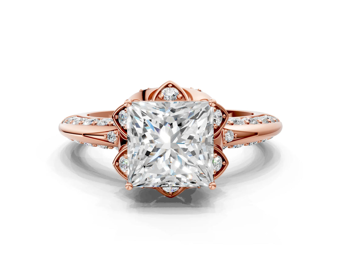 Rose gold Princess Halo Split Shank Pave Diamond Ring with Petal Prong Setting_20