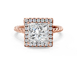 Rose gold Princess Halo Twisted Band Four-Prong Diamond Ring_19