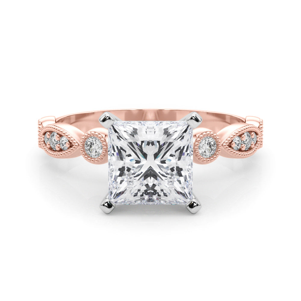 Rose gold Princess Milgrain Bezel Diamond Engagement Ring with Solitaire Prong Setting 1