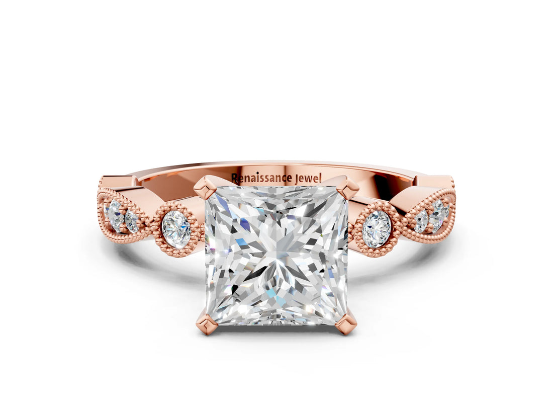 Rose gold Princess Milgrain Bezel Diamond Engagement Ring with Solitaire Prong Setting_187