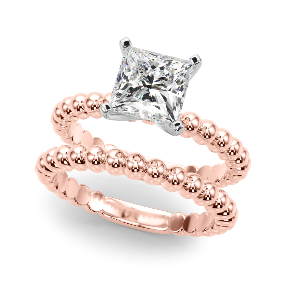 Rose gold Princess Solitaire Beaded Band Prong Setting Ring 1