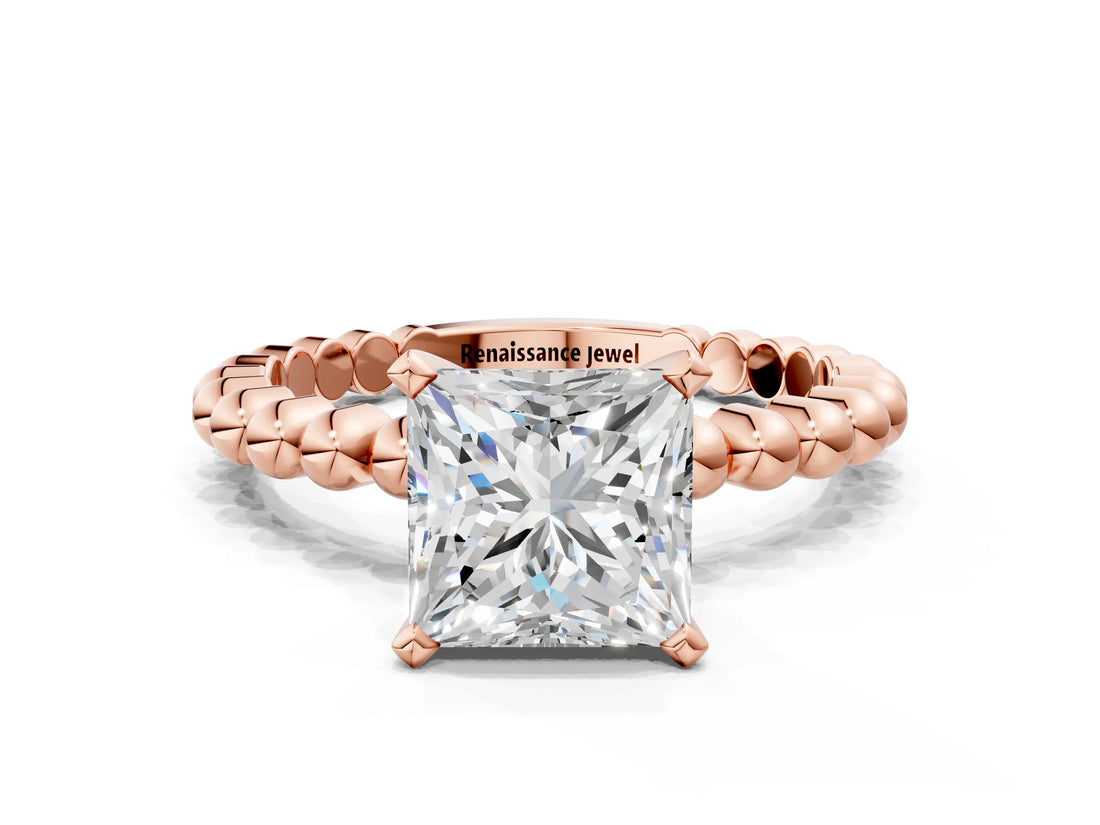 Rose gold Princess Solitaire Beaded Band Prong Setting Ring