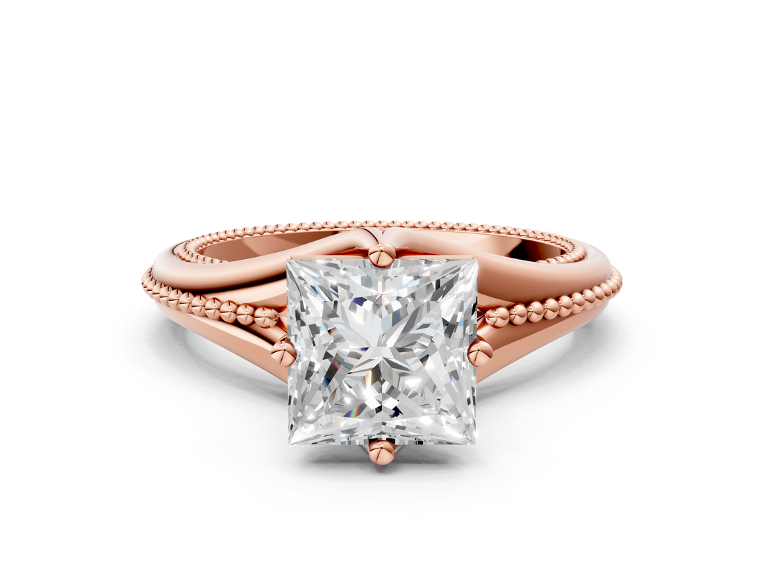 Rose gold Princess Solitaire Beaded Band Six-Prong Setting_8
