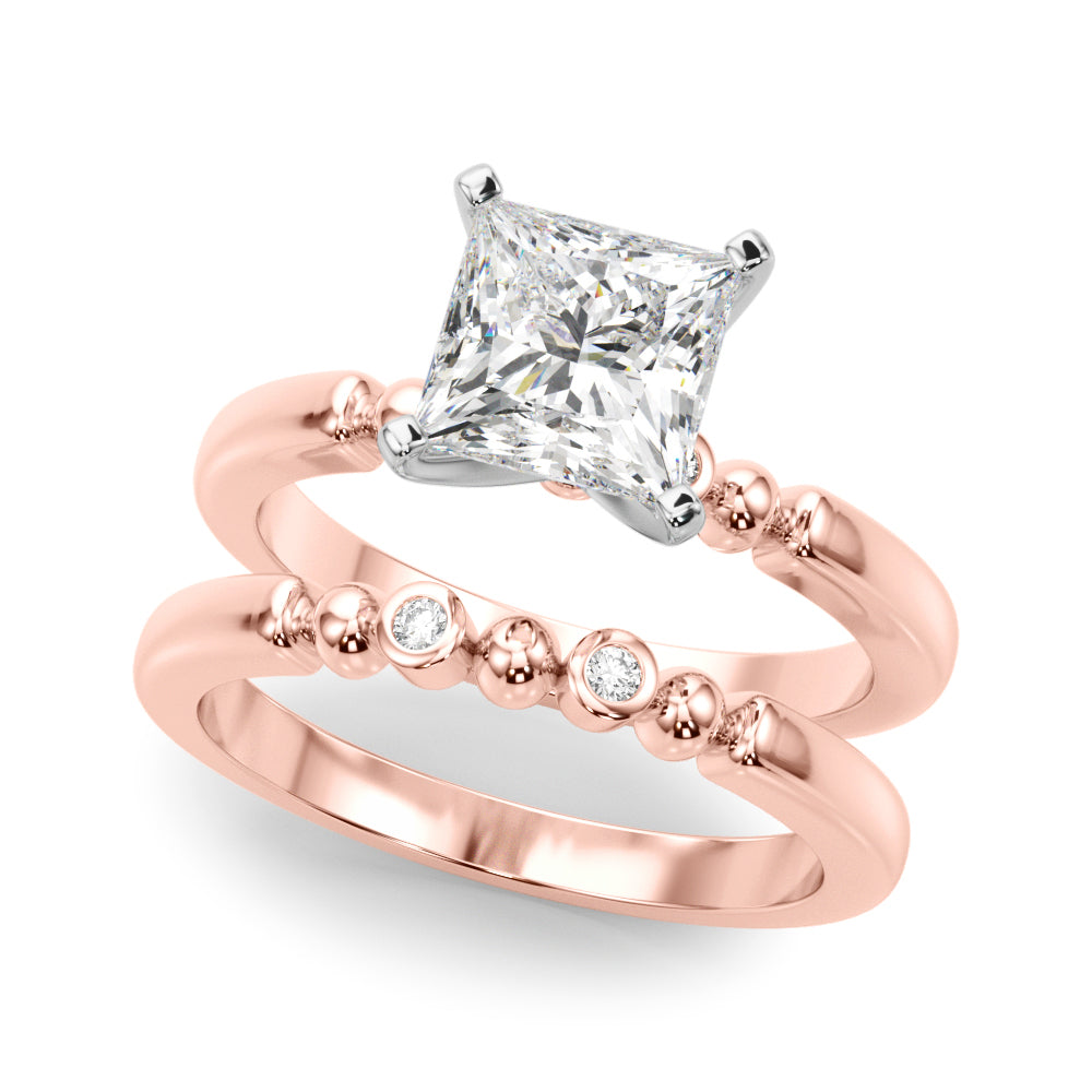 Rose gold Princess Solitaire Beaded Band with Four-Prong Setting 1