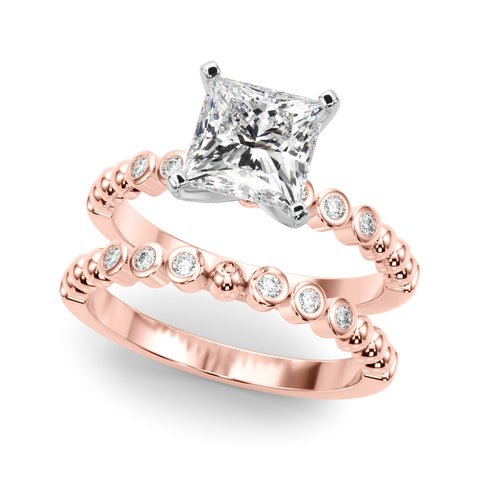 Rose gold Princess Solitaire Bezel Accent Diamond Engagement Ring with Beaded Band and Four-Prong Setting 1