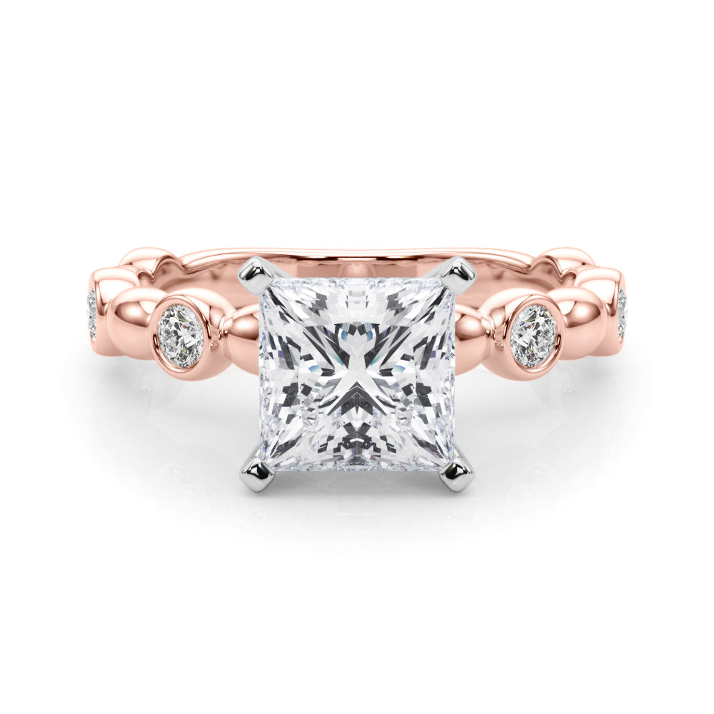 Rose gold Princess Solitaire Bezel-Set Diamond Ring with Beaded Band and Four-Prong Setting 1