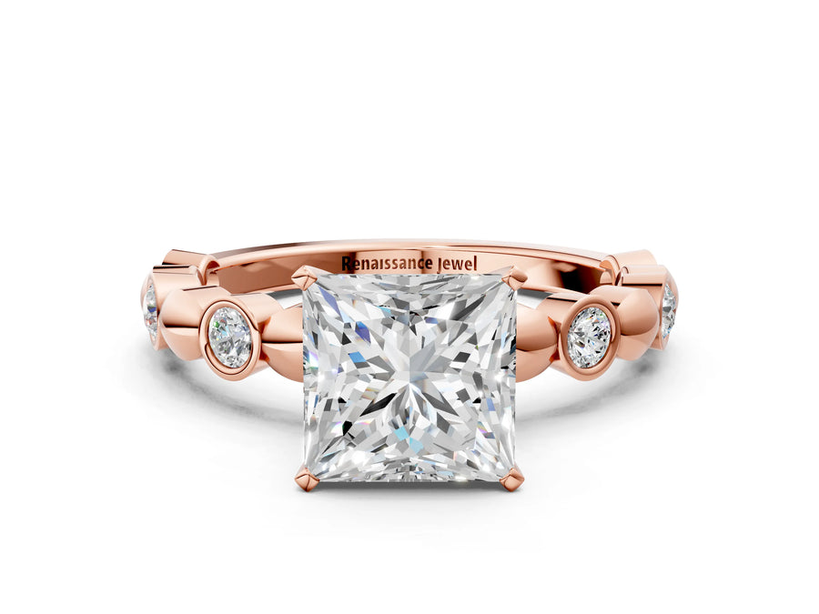 Rose gold Princess Solitaire Bezel-Set Diamond Ring with Beaded Band and Four-Prong Setting