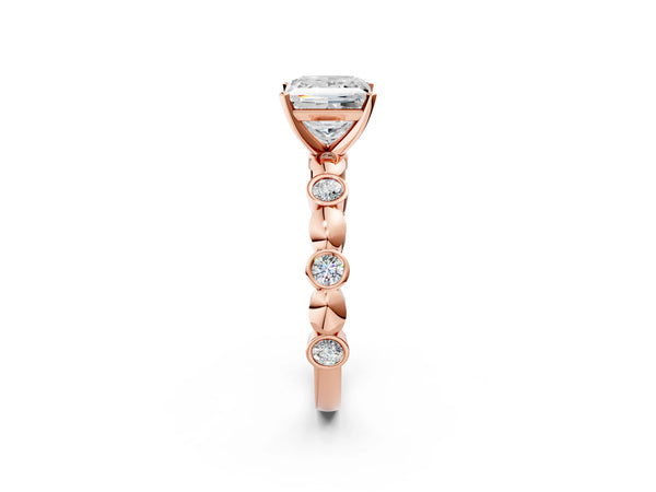 Rose gold Princess Solitaire Bezel-Set Diamond Ring with Beaded Band and Four-Prong Setting