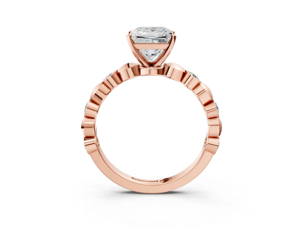 Rose gold Princess Solitaire Bezel-Set Diamond Ring with Beaded Band and Four-Prong Setting