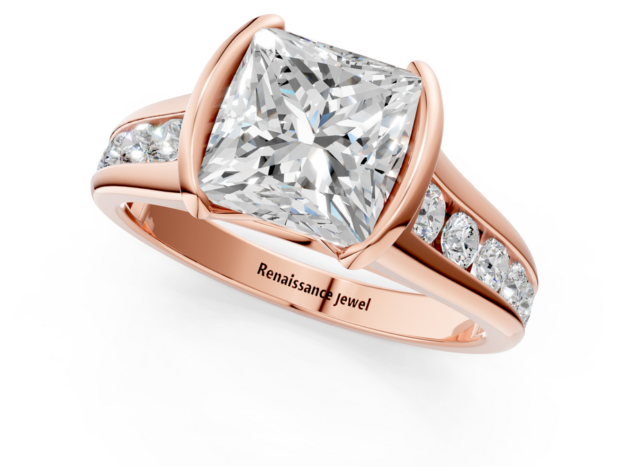 Rose gold Princess Solitaire Bezel-Set Diamond Ring with Channel-Set Band