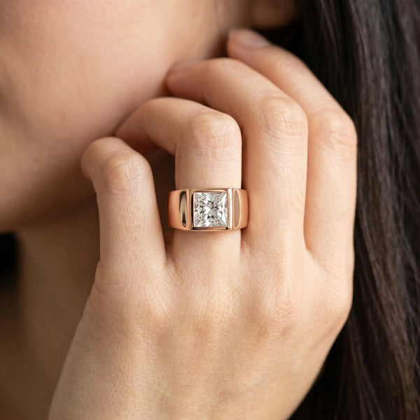 Rose gold Princess Solitaire Bezel Set Diamond Ring with Wide Band