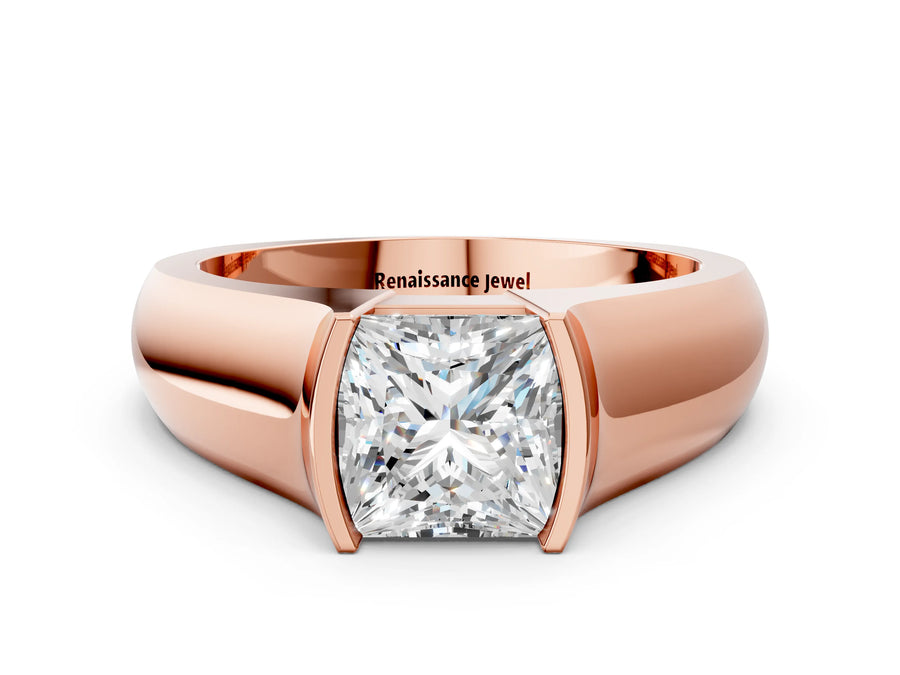 Rose gold Princess Solitaire Bezel Set Diamond Ring with Wide Band