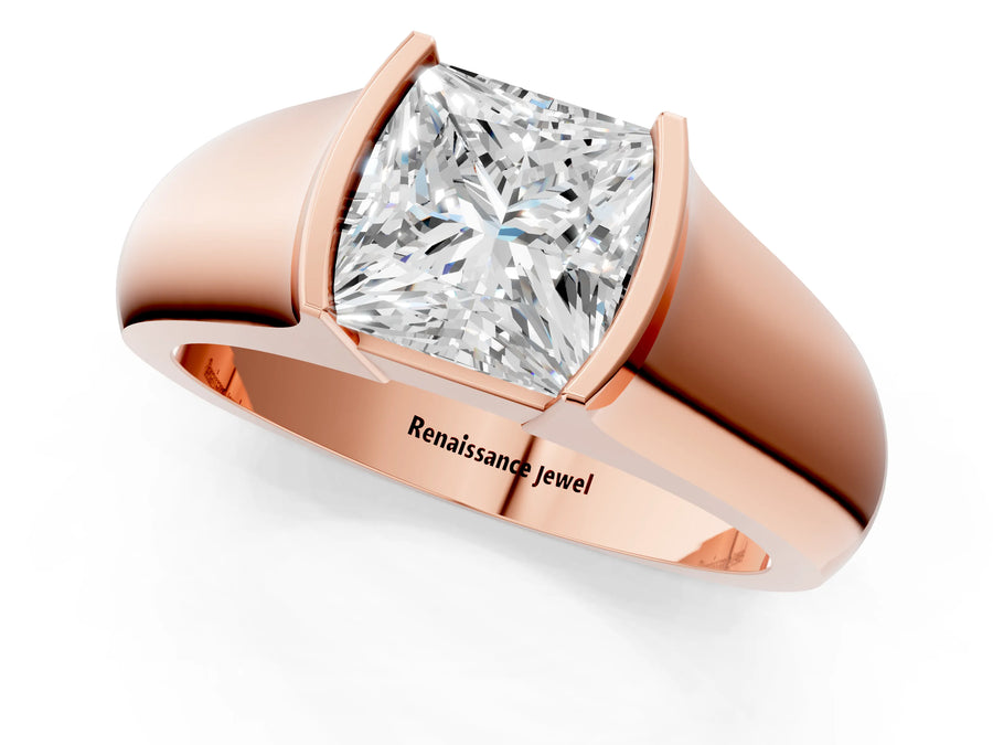 Rose gold Princess Solitaire Bezel Set Diamond Ring with Wide Band