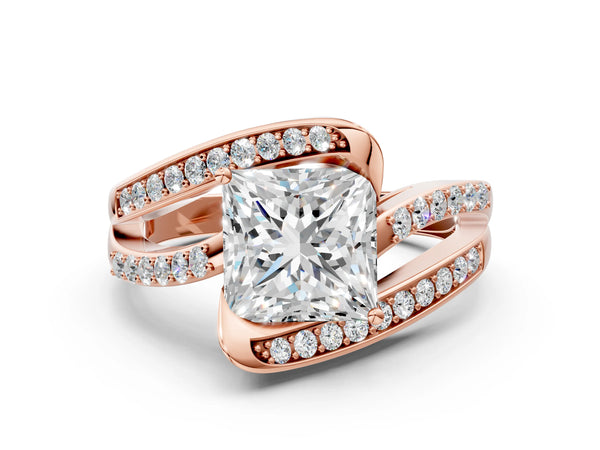 Rose gold Princess Solitaire Bypass Diamond Engagement Ring with Channel-Set Band and Four-Prong Setting