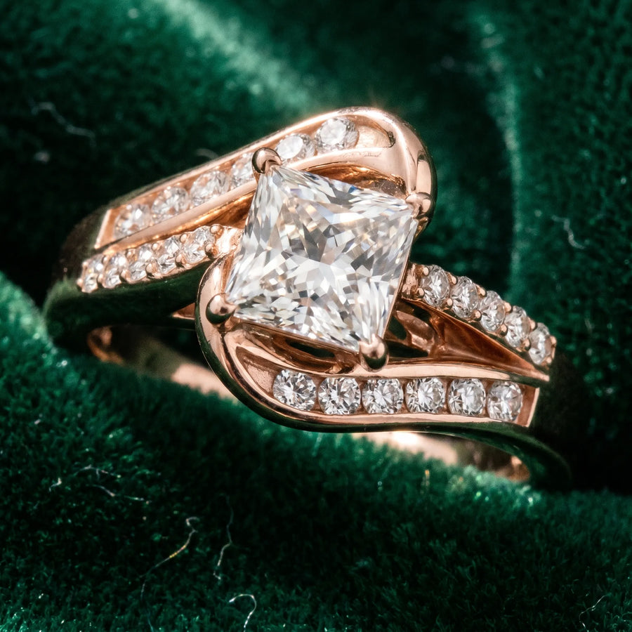 Rose gold Princess Solitaire Bypass Diamond Engagement Ring with Channel-Set Band and Four-Prong Setting
