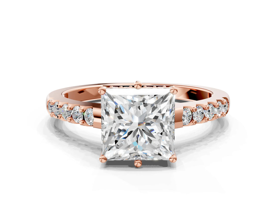 Rose gold Princess Solitaire Diamond Engagement Ring with Pavé Band and Six-Prong Setting_27