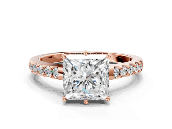Rose gold Princess Solitaire Diamond Engagement Ring with Pavé Band and Six-Prong Setting
