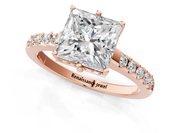 Rose gold Princess Solitaire Diamond Engagement Ring with Pavé Band and Six-Prong Setting