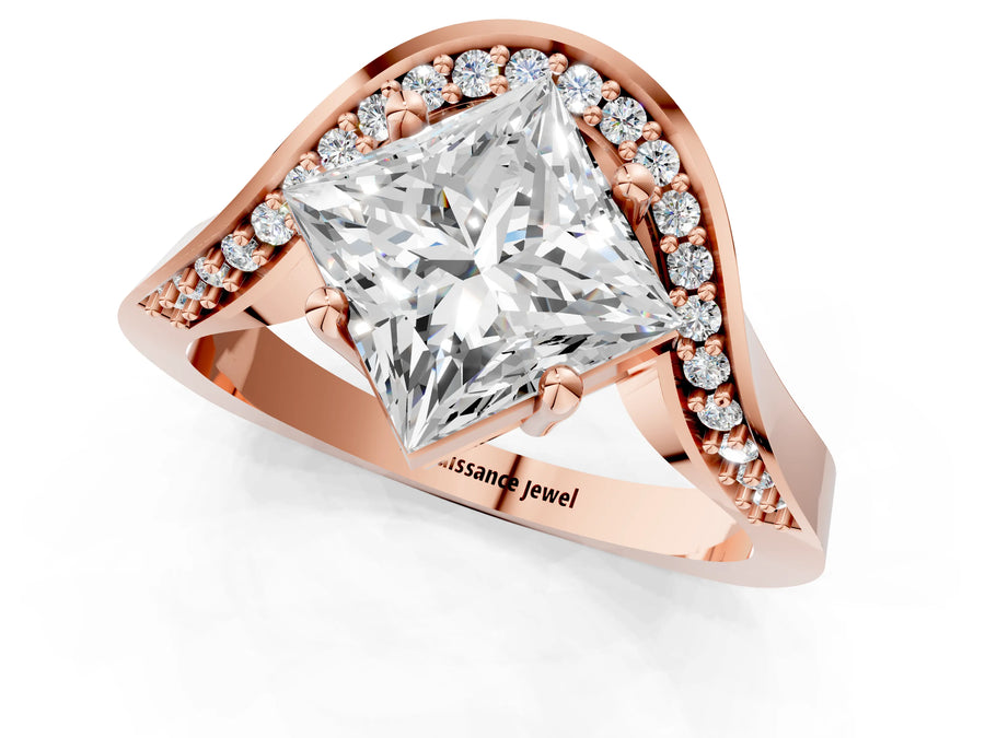 Rose gold Princess Solitaire Diamond Engagement Ring with Pave Band and Four-Prong Setting