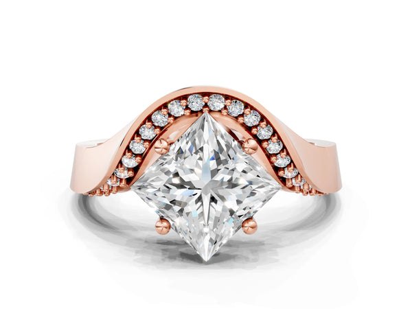 Rose gold Princess Solitaire Diamond Engagement Ring with Pave Band and Four-Prong Setting