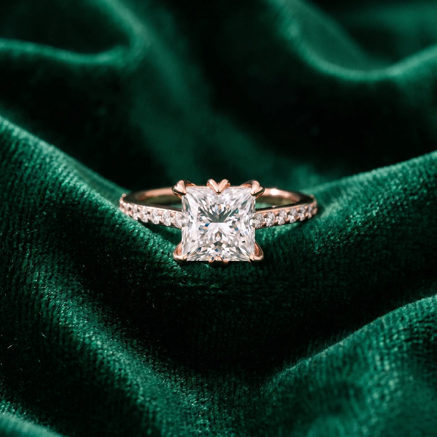 Rose gold Princess Solitaire Diamond Engagement Ring with Pave Band and Six-Prong Setting