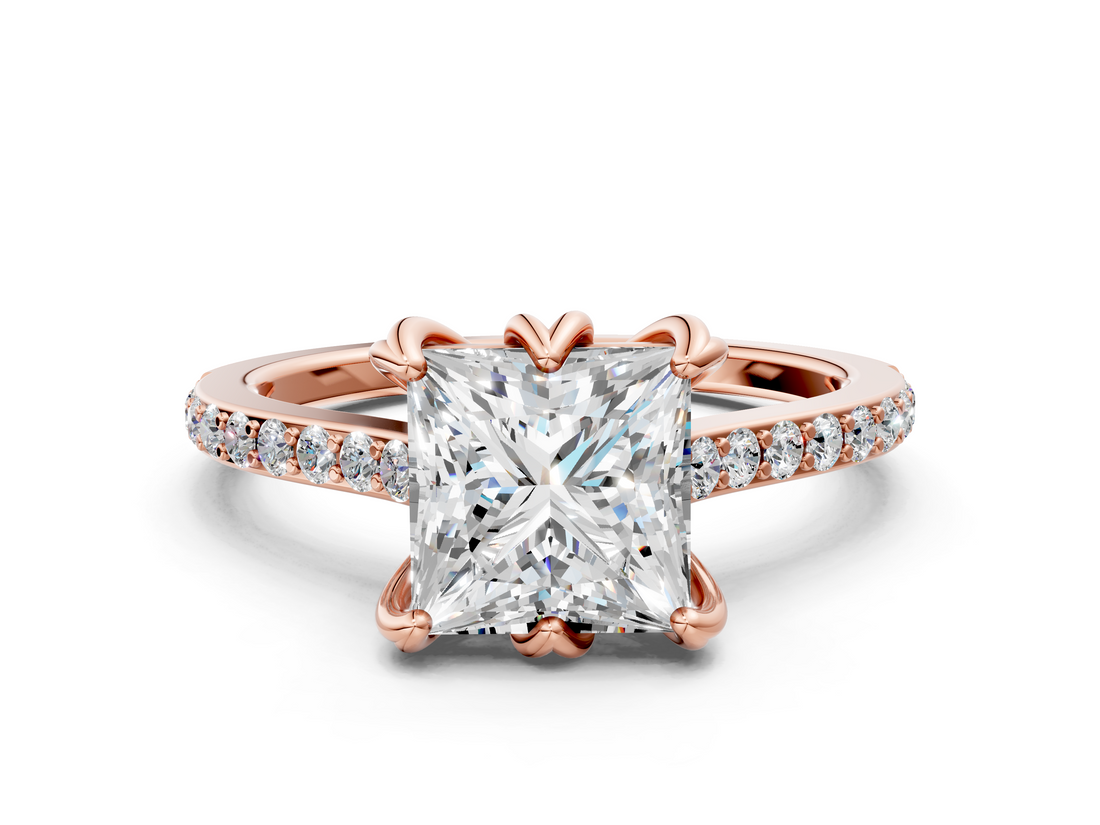 Rose gold Princess Solitaire Diamond Engagement Ring with Pave Band and Six-Prong Setting_41