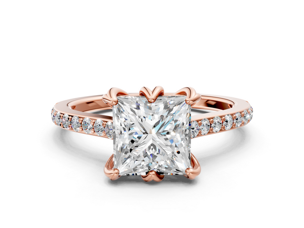 Rose gold Princess Solitaire Diamond Engagement Ring with Pave Band and Six-Prong Setting