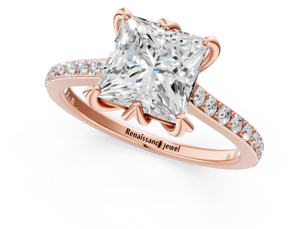 Rose gold Princess Solitaire Diamond Engagement Ring with Pave Band and Six-Prong Setting
