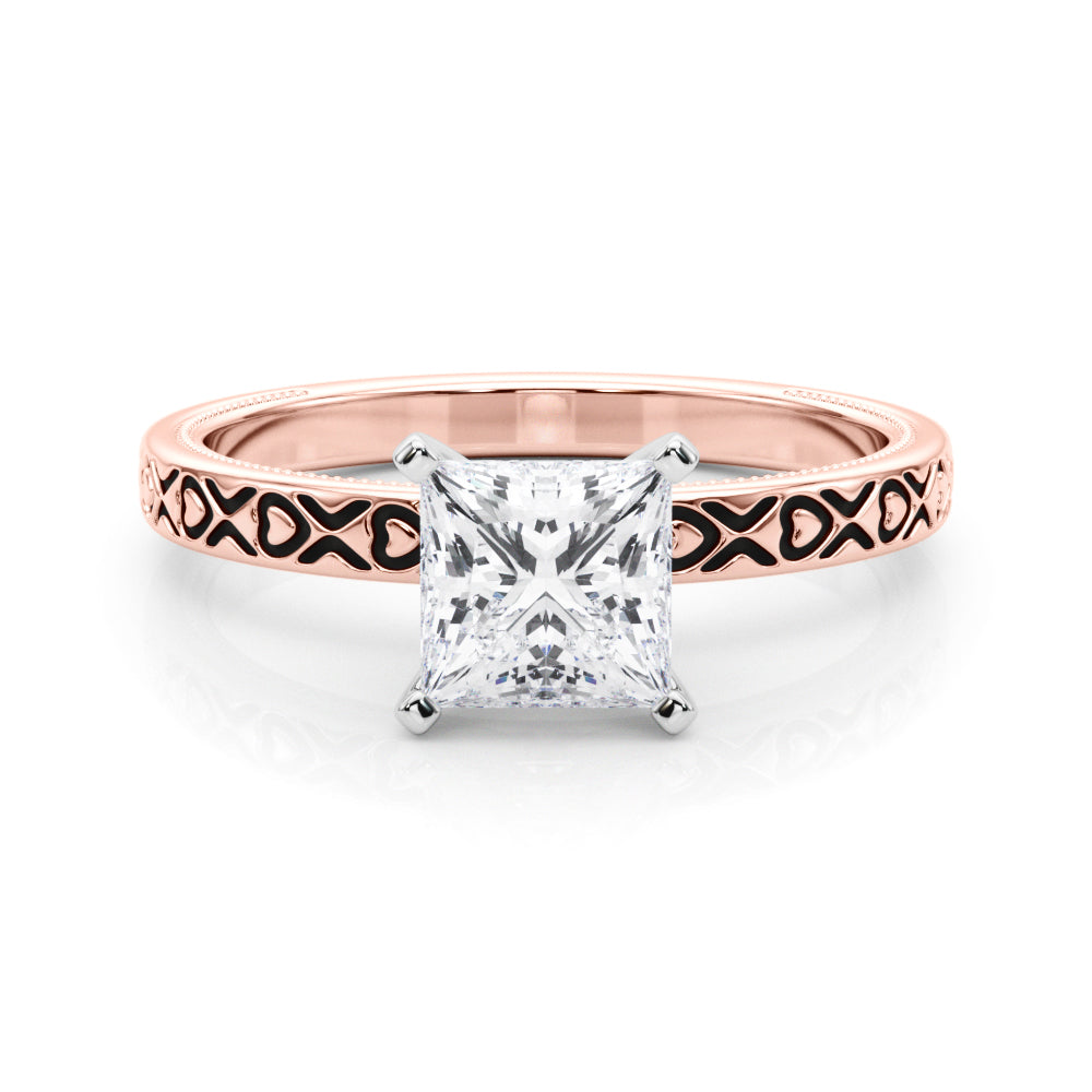 Rose gold Princess Solitaire Diamond Engagement Ring with XO Engraved Band and Four-Prong Setting 1