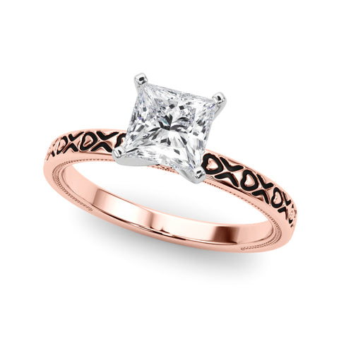 Rose gold Princess Solitaire Diamond Engagement Ring with XO Engraved Band and Four-Prong Setting