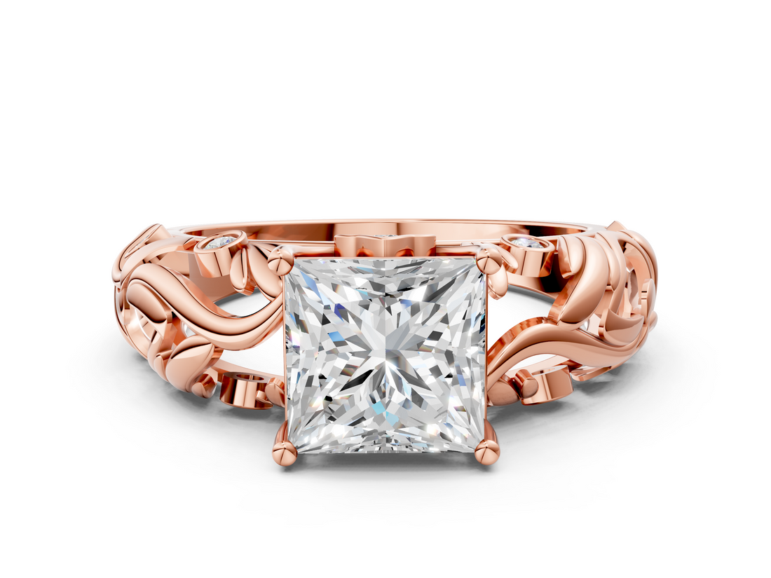 Rose gold Princess Solitaire Diamond Leaf Vine Band with Prong Setting_53