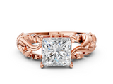 Rose gold Princess Solitaire Diamond Leaf Vine Band with Prong Setting_53