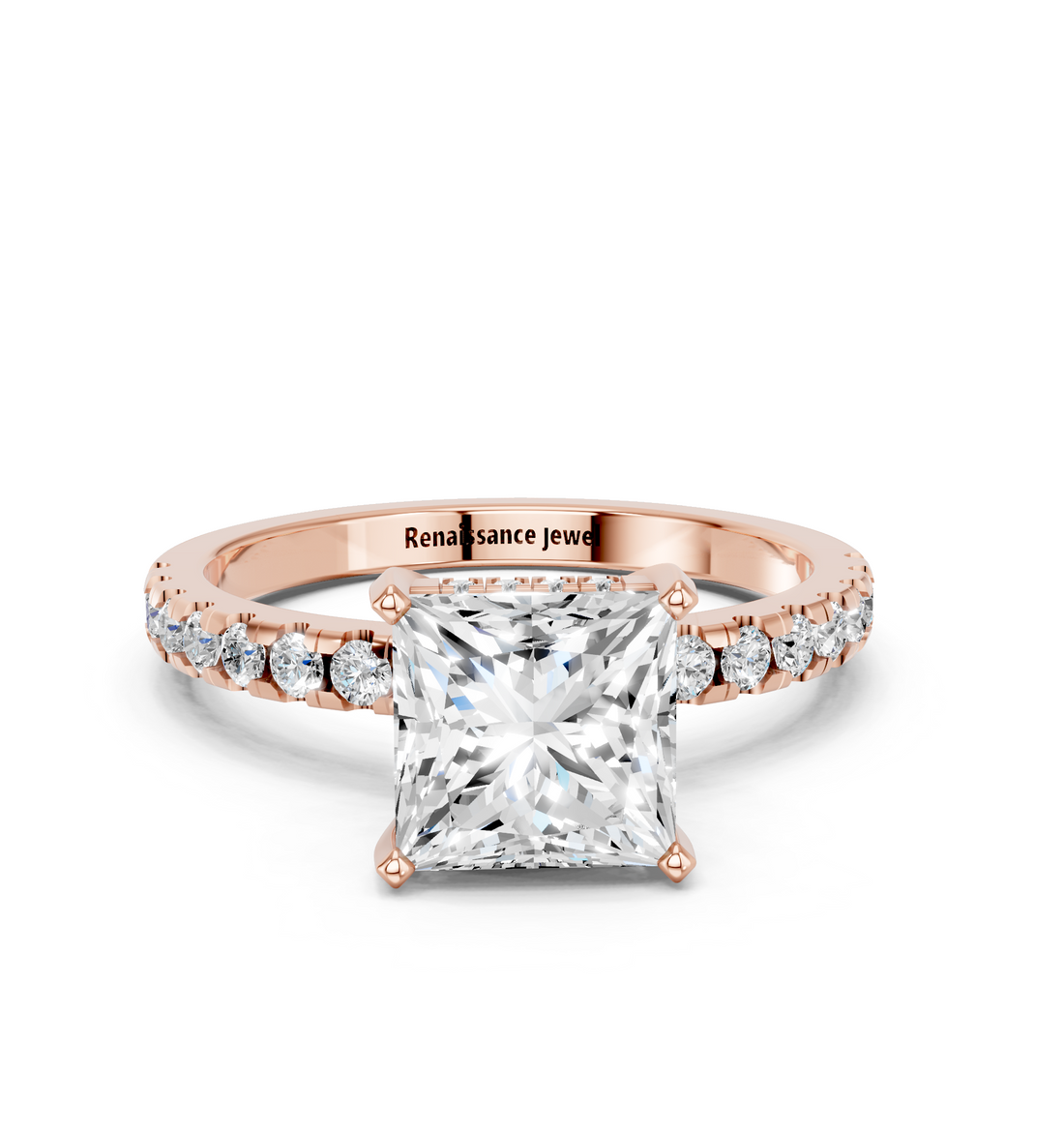 18K Rose Gold 2.51 Carat D VVS2 Princess Solitaire Diamond Pavé Band with Four-Prong Setting