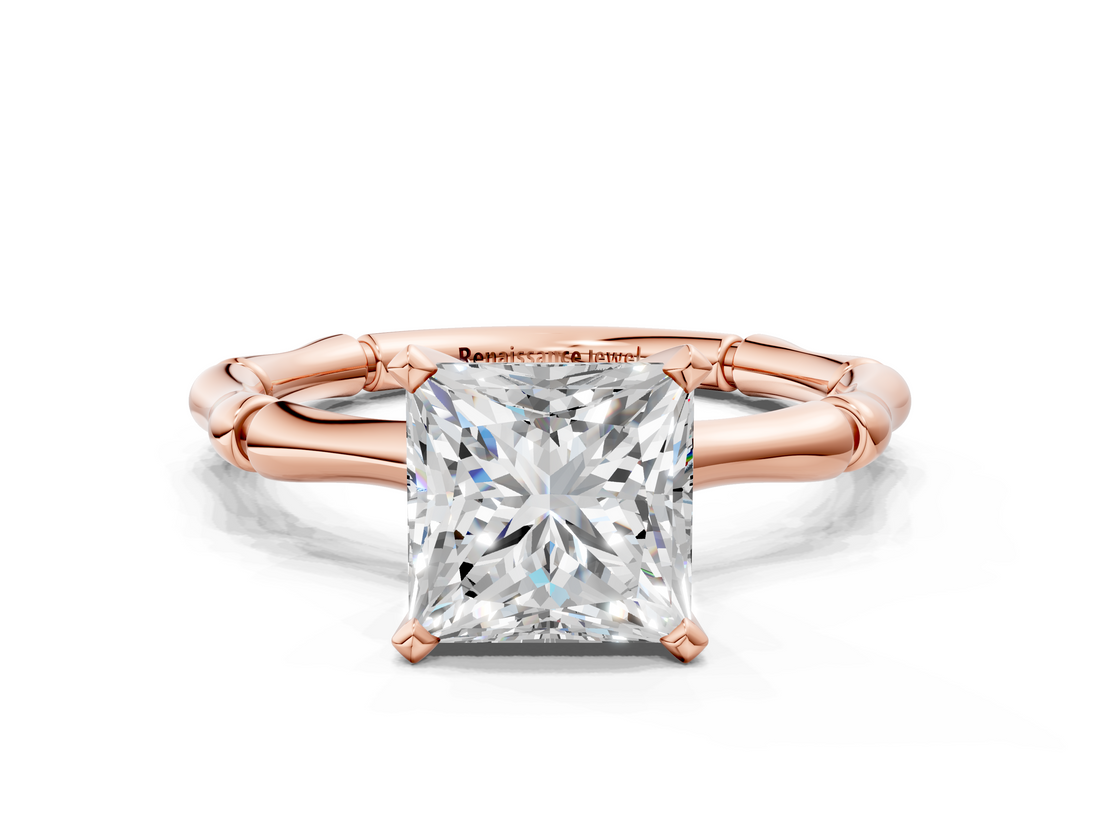 Rose gold Princess Solitaire Diamond Ring with Bamboo Band and Four-Prong Setting_29